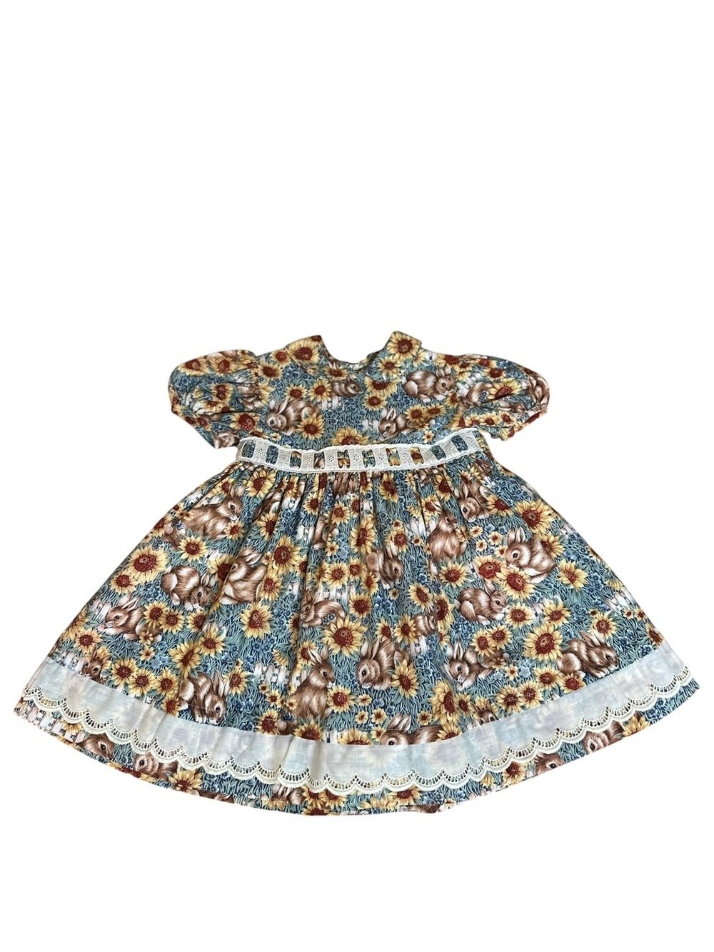 Vintage Handmade Girl’s Dress Bunny Sunflower Cotton Prairie Cottagecore 2T/3T